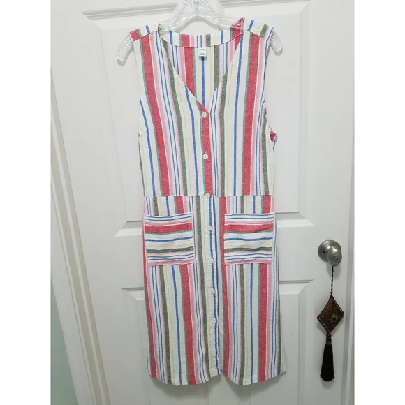 old navy striped dress linen Old Navy Women's Fit & Flare Sleeveless Linen-Blend Midi Dress - Blue